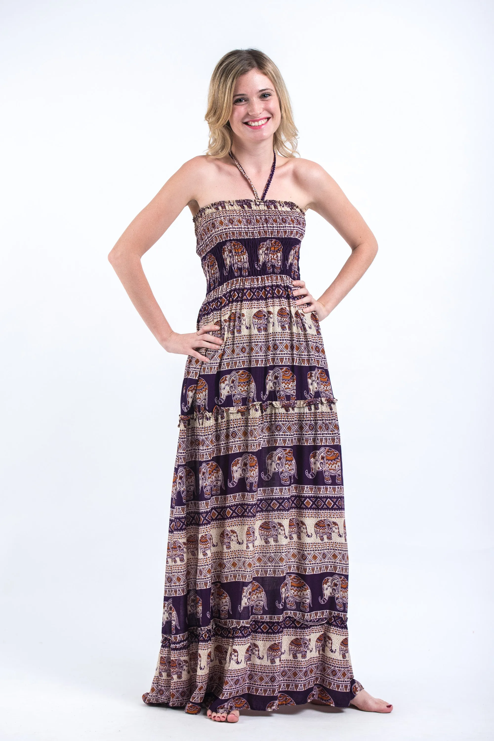 Festive Elephants Smocked Bandeau Maxi Dress in Purple