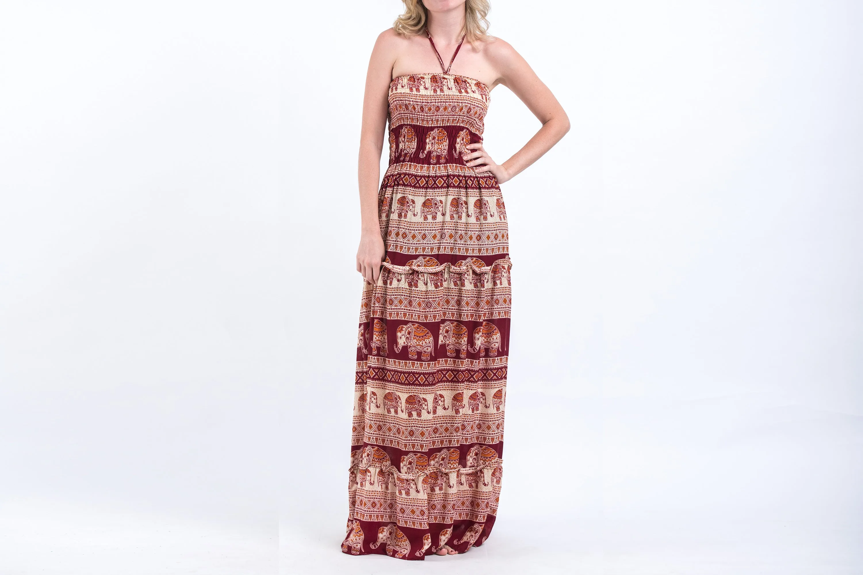 Festive Elephants Smocked Bandeau Maxi Dress in Red