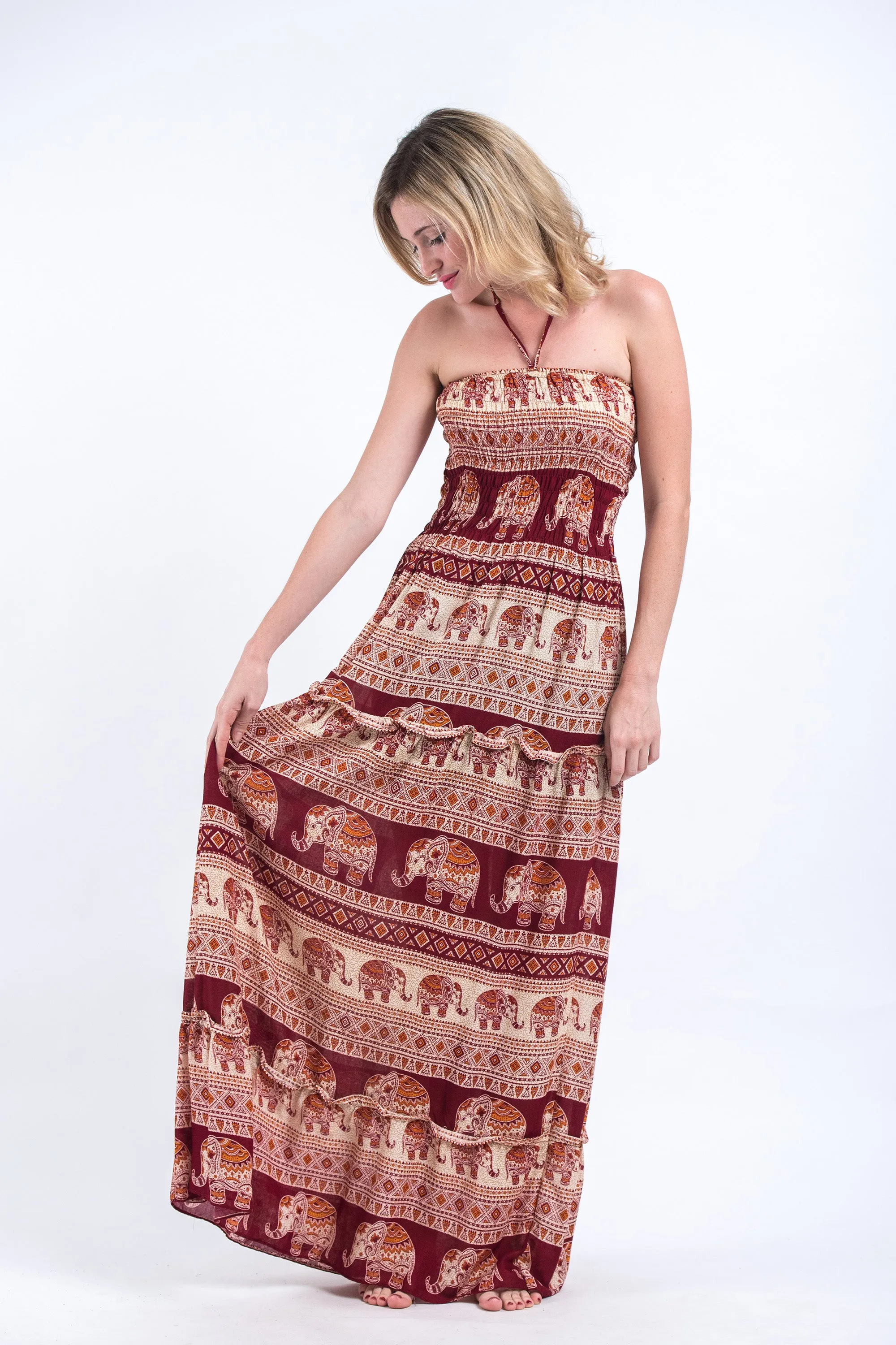 Festive Elephants Smocked Bandeau Maxi Dress in Red