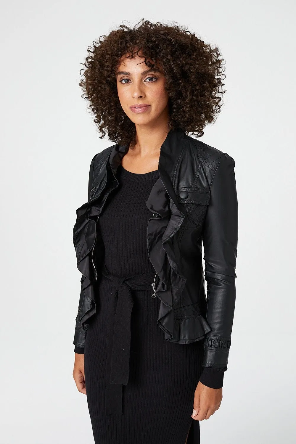 Frilled Front Faux Leather Jacket