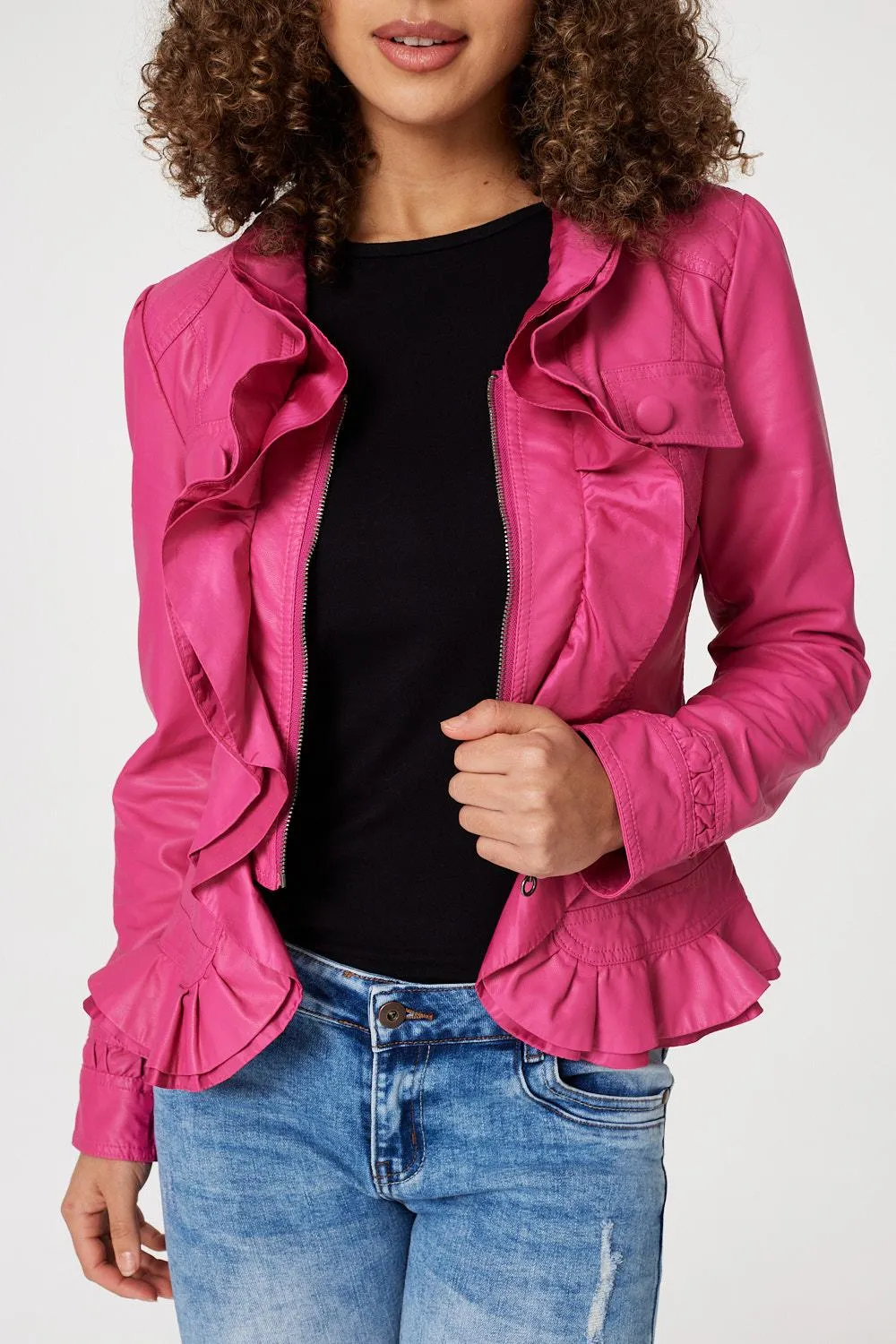 Frilled Front Faux Leather Jacket