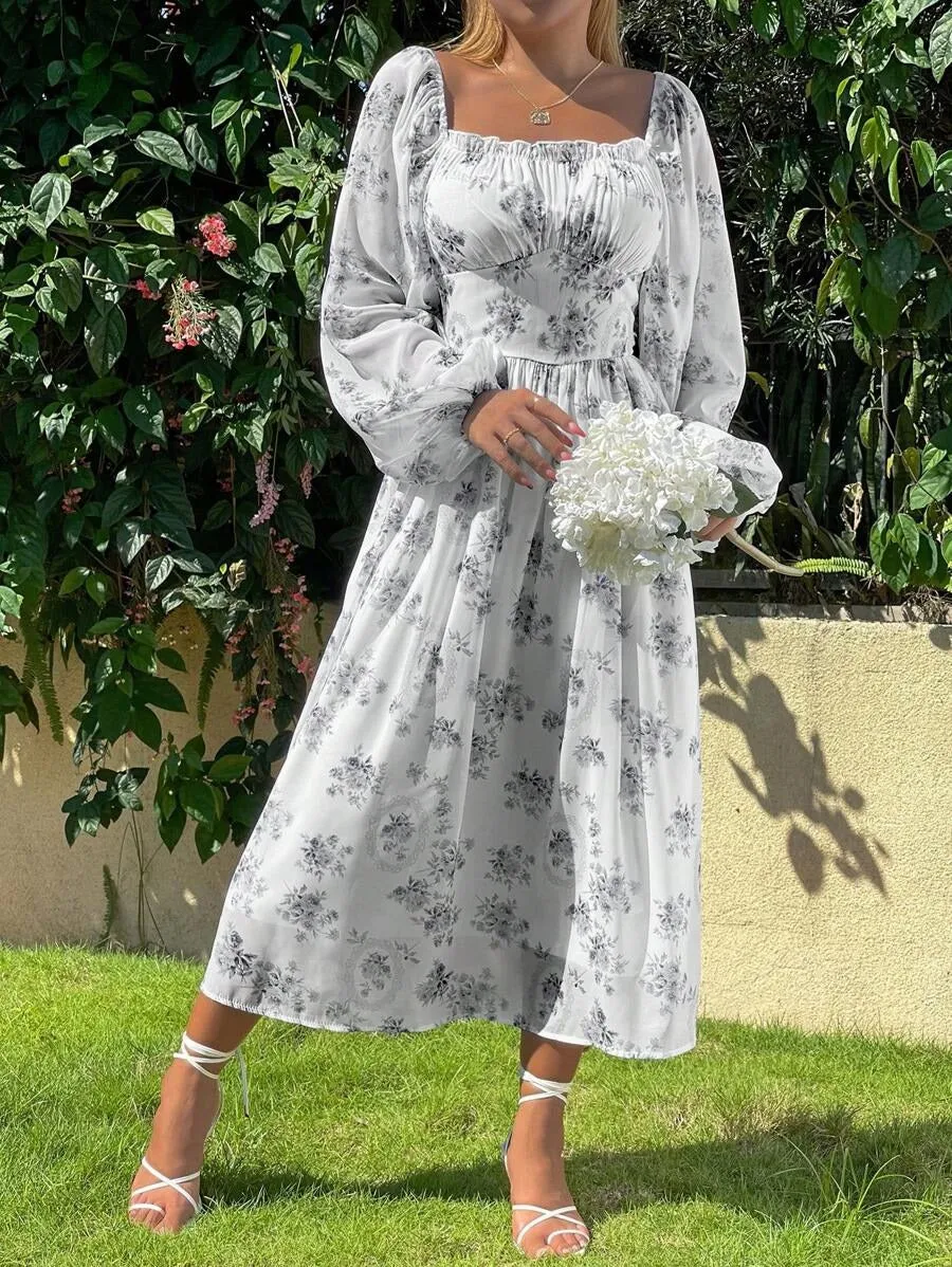 Gray Floral Lantern Sleeve Pleated Dress