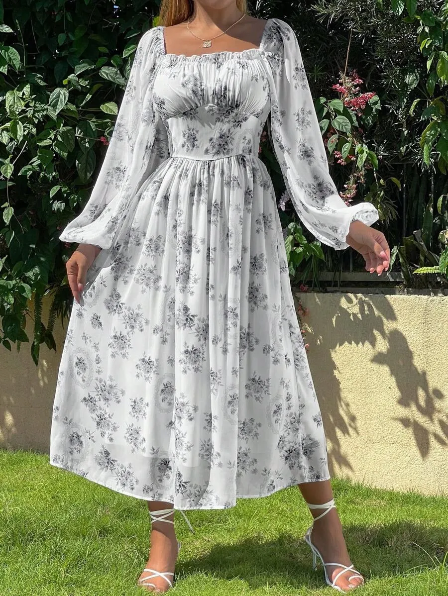 Gray Floral Lantern Sleeve Pleated Dress