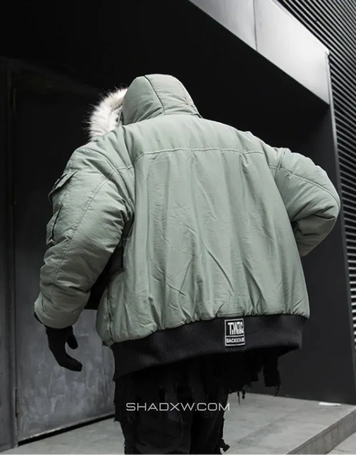 Green Cargo Jacket with Fur Hood