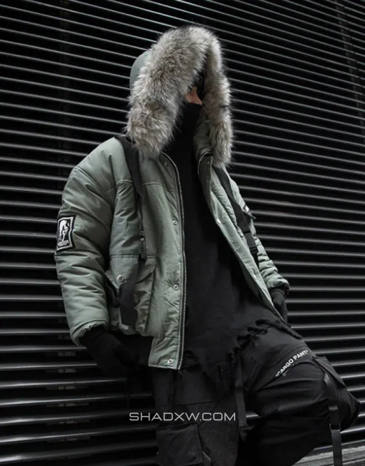 Green Cargo Jacket with Fur Hood