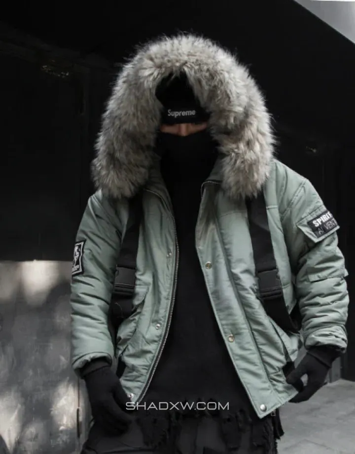 Green Cargo Jacket with Fur Hood