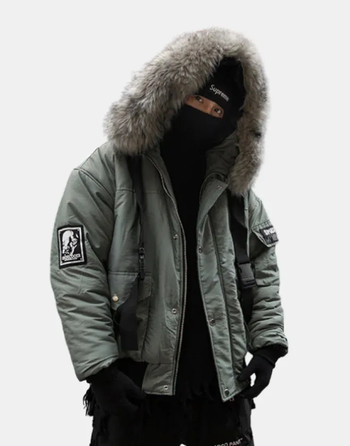 Green Cargo Jacket with Fur Hood