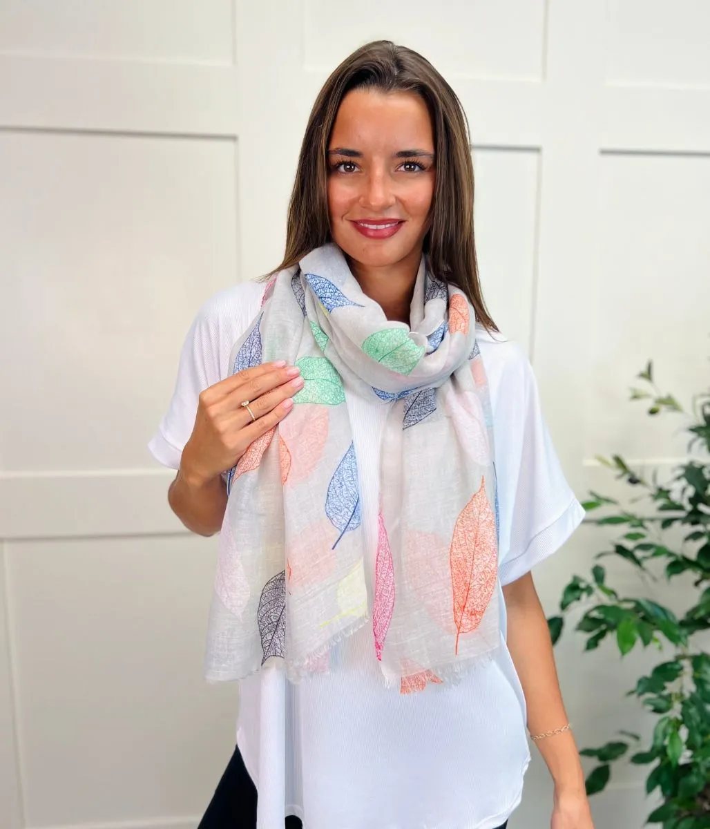 Grey Multi Leaf Print Scarf