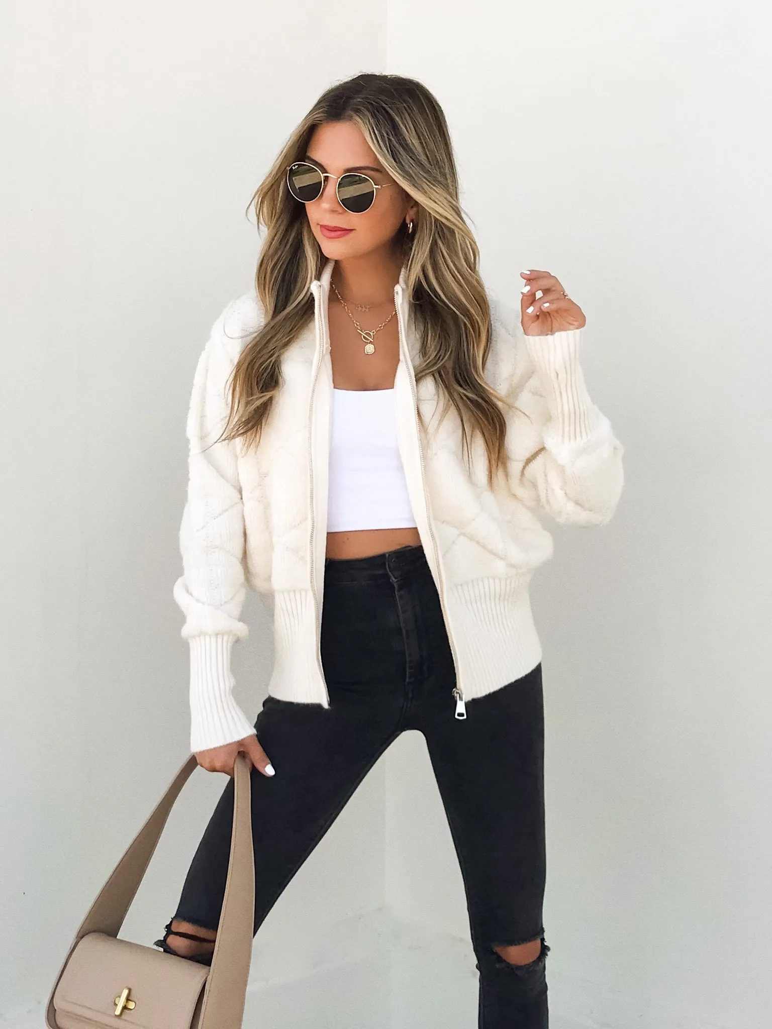 Harlow Knit Zip up Jacket in Ivory