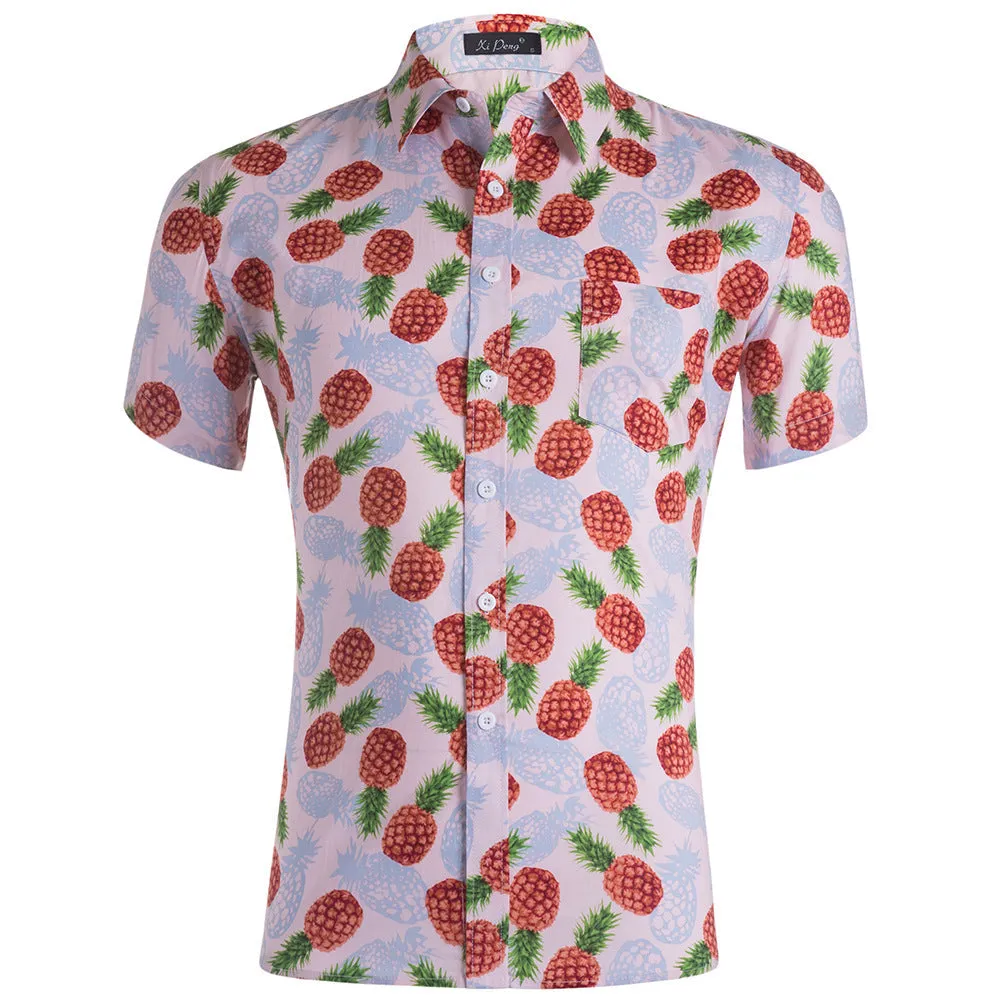 Hawaiian Pineapple Casual Combed Cotton Shirt Button Down