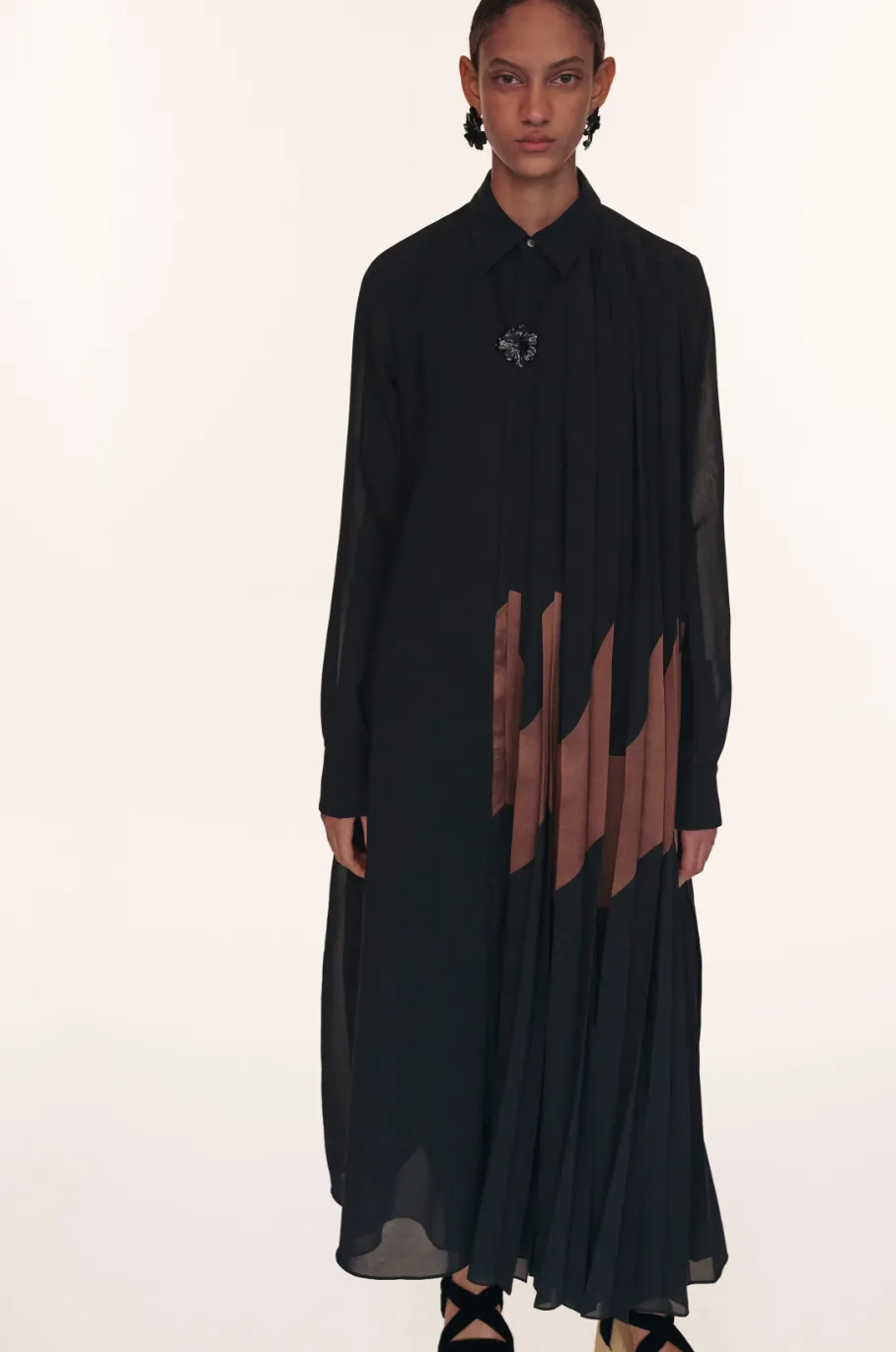 Jil Sander Resort 2020 Black Brown Pleated Panel Shirt Dress