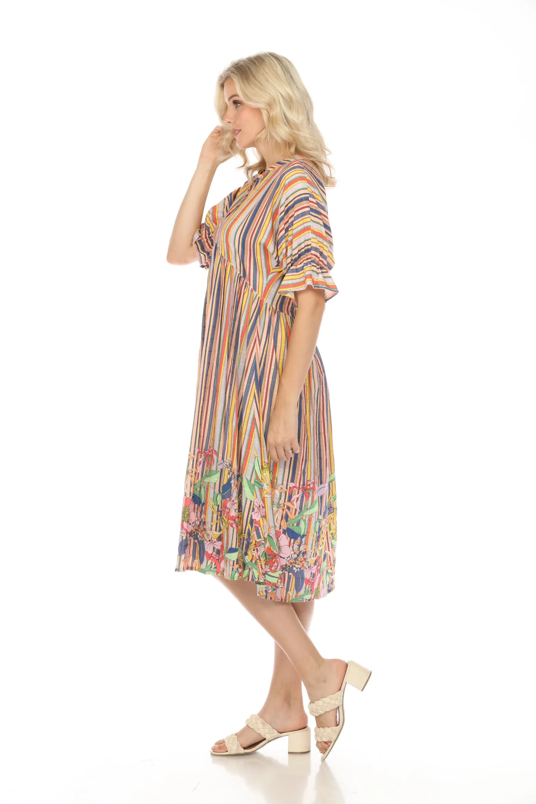 Johnny Was Aldrich Stripe Puff Sleeve Midi Dress Boho Chic R33924