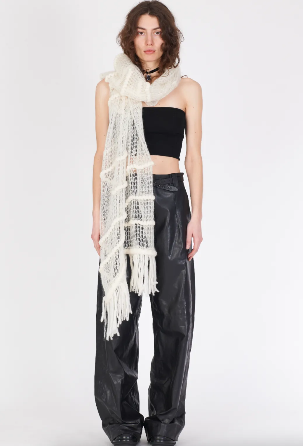 Knit Fringe Ends Scarf - White