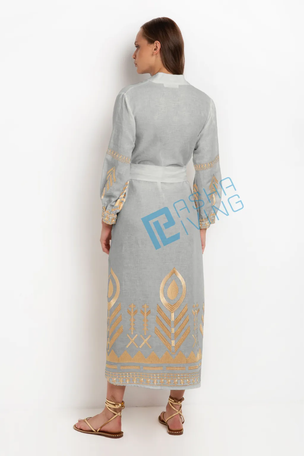 Kori Long Sleeved Belted Linen Dress | Grey & Gold