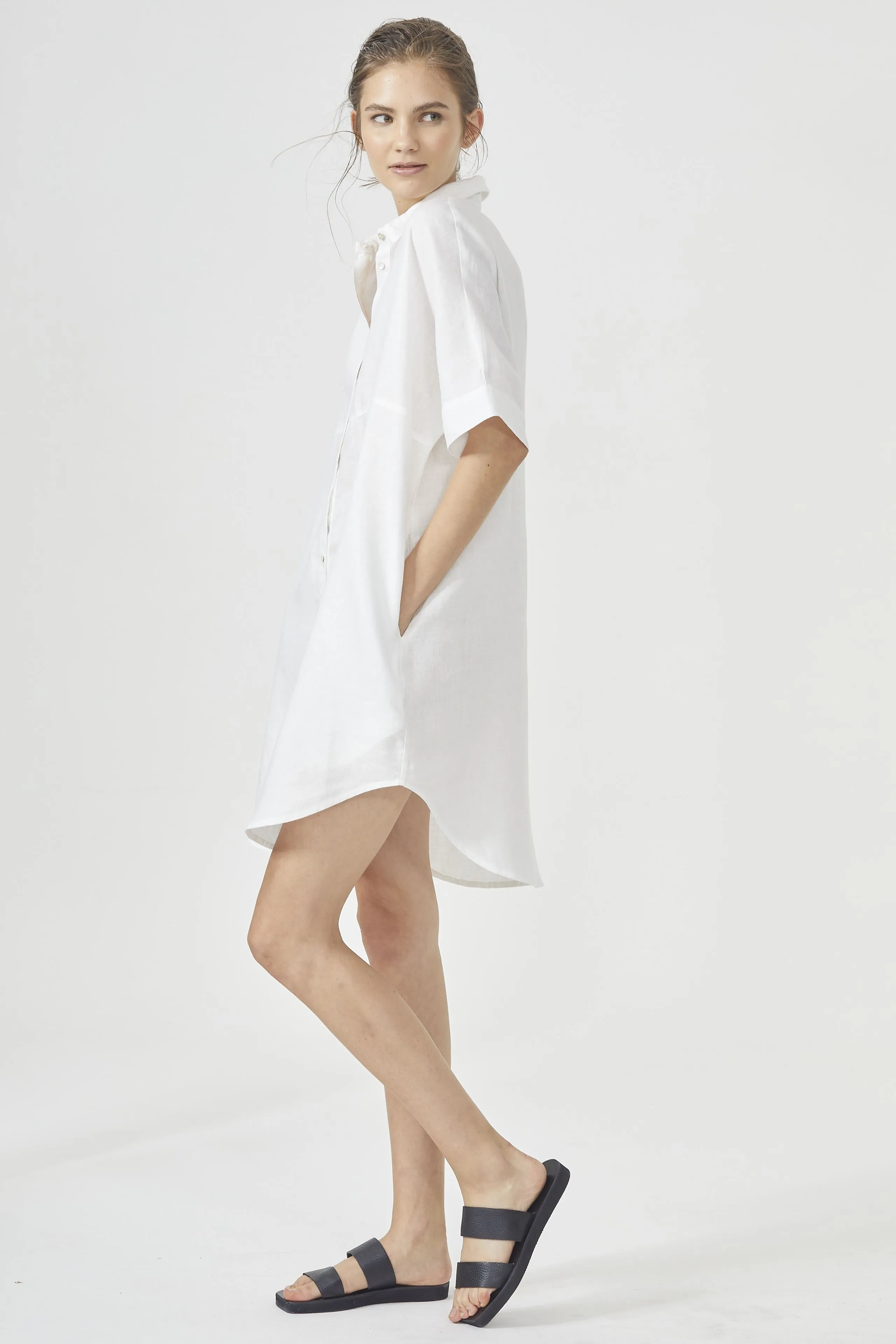 Linen Shirt Dress - White