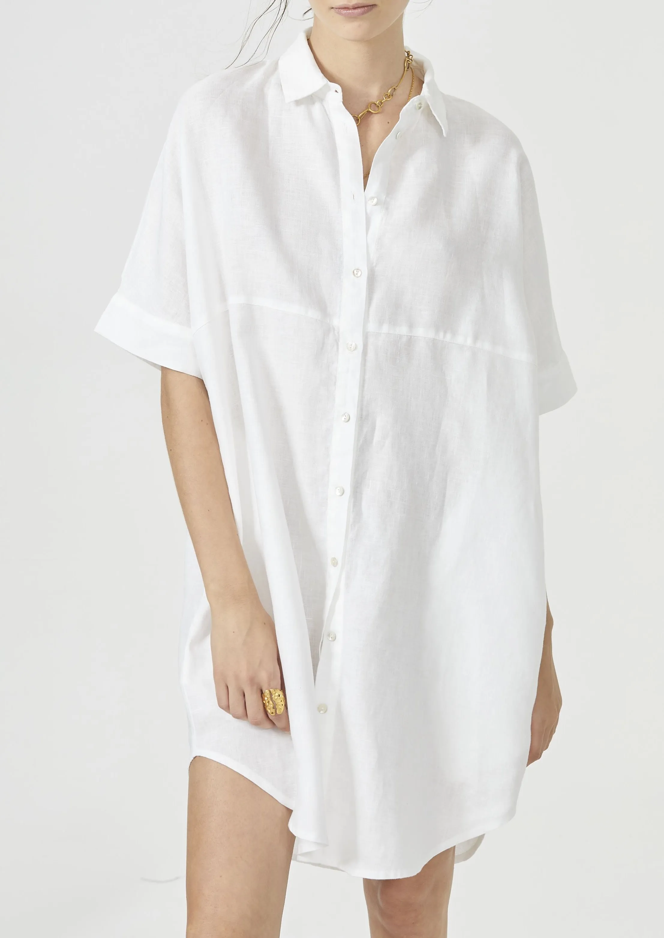 Linen Shirt Dress - White