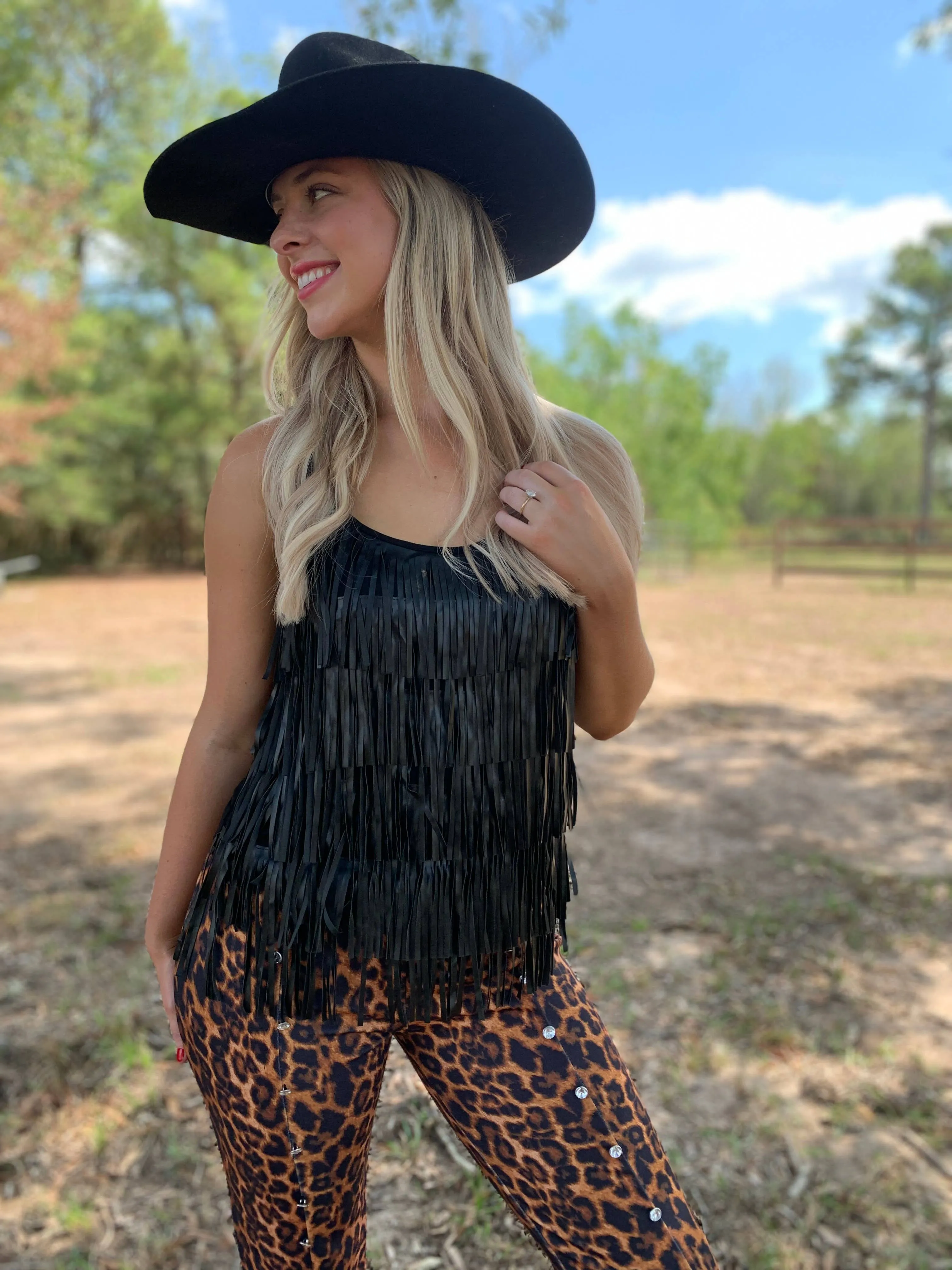 Living on the Edge Fringe Tank Black at Bourbon Cowgirl