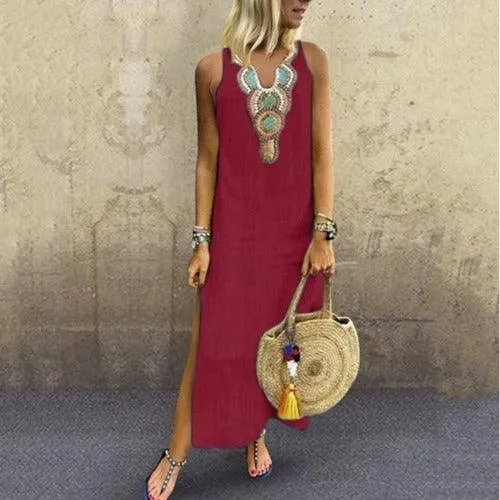 Loose Cotton And Linen Bohemian Sexy Sleeveless V Neck Side Slit Dress Women