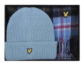 Lyle and Scott Mens Checked Lambs wool Scarf and beanie set Blue Smoke