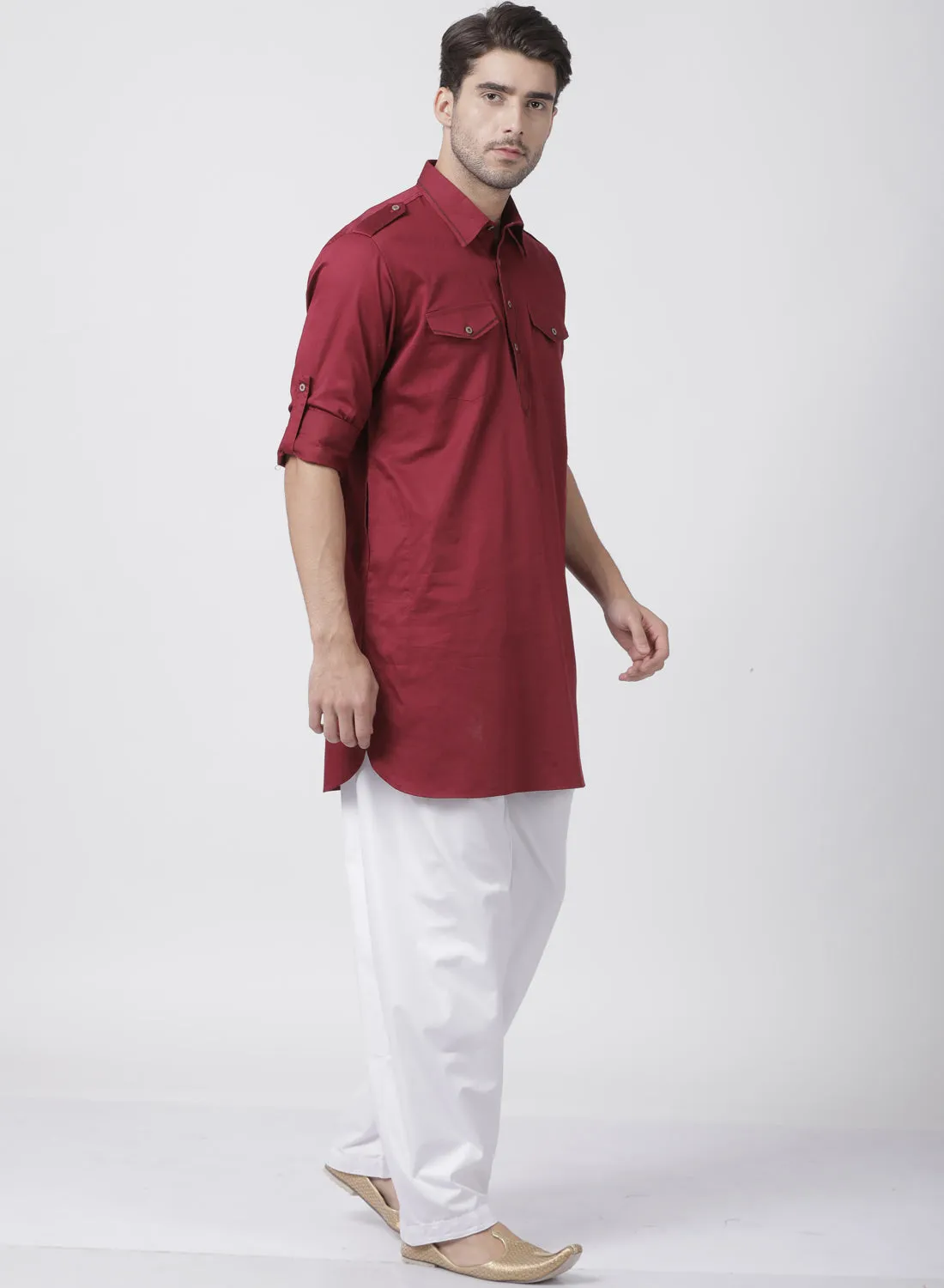 Men's Maroon Cotton Blend Pathani Suit Set