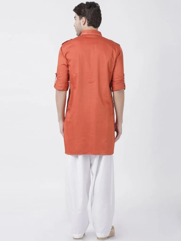 Men's Orange Cotton Blend Pathani Suit Set