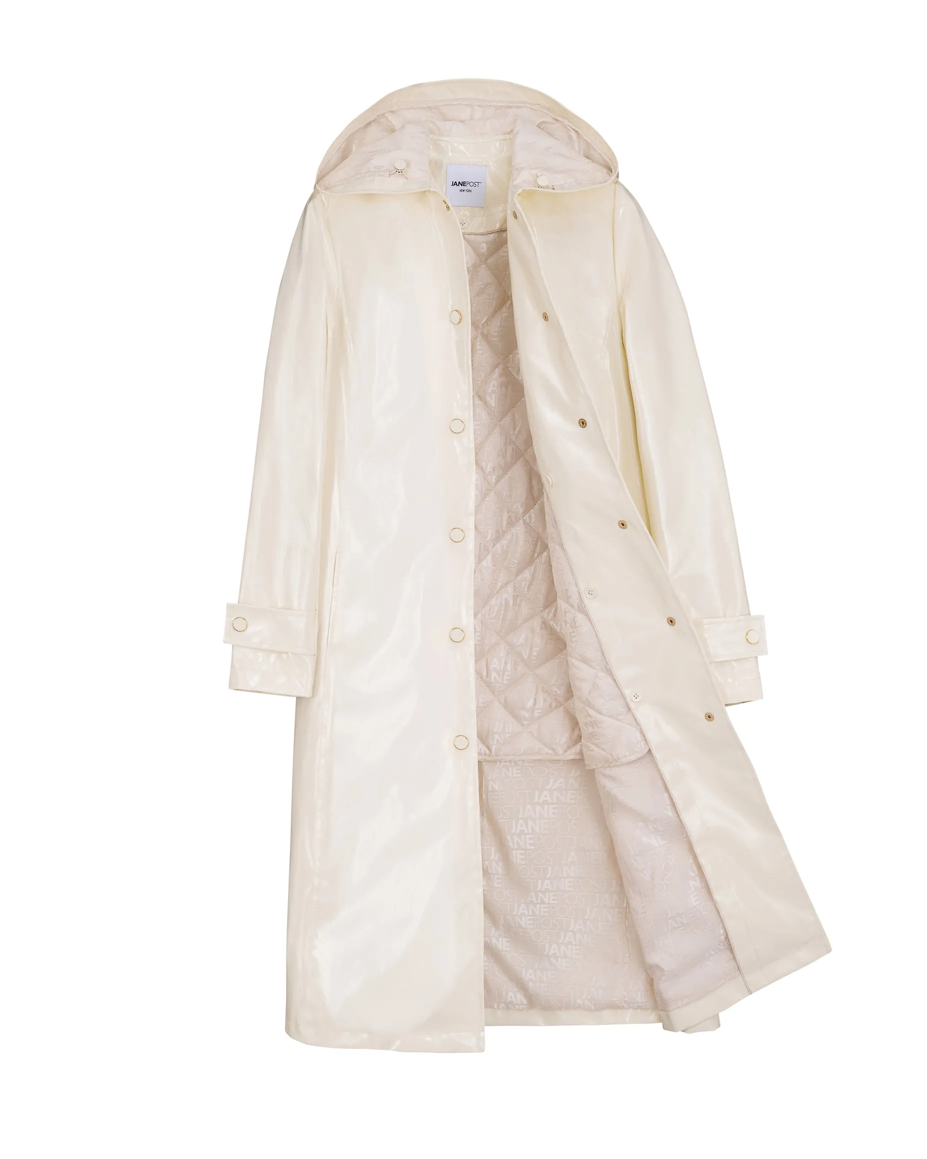 Mid Length hooded slicker coat with detachable quilted liner - Daisy White