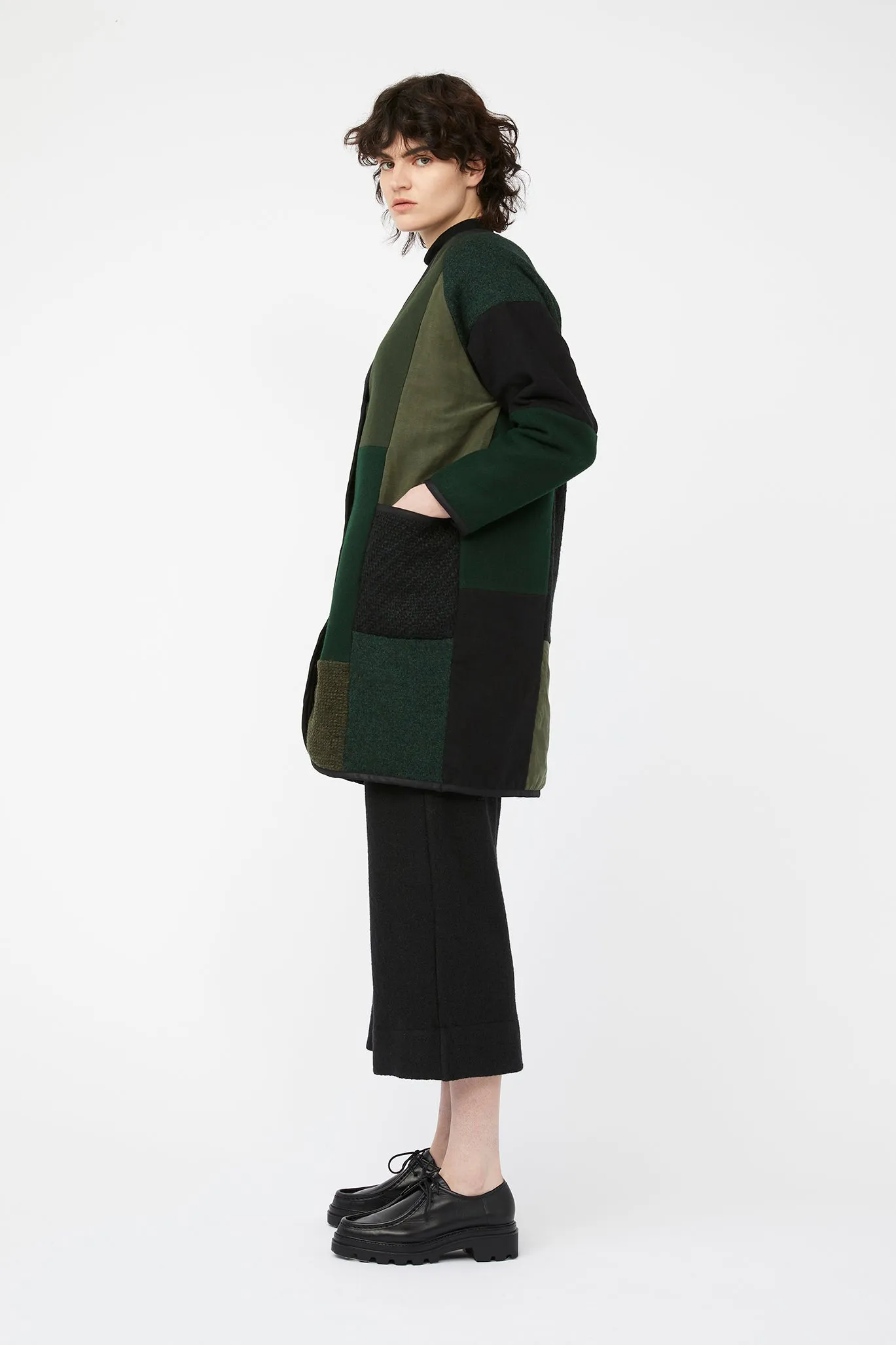 MOSAIC REVERSIBLE COAT ~ GREEN / BLACK [ Quilted Patchwork, Wool, Linen ] ~ Last Chance!