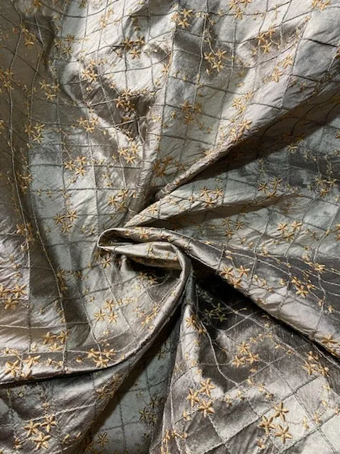 NEW Queen Elisabeth 100% Silk Dupioni Pewter Pintuck Fabric with Gold Floral Embroidery