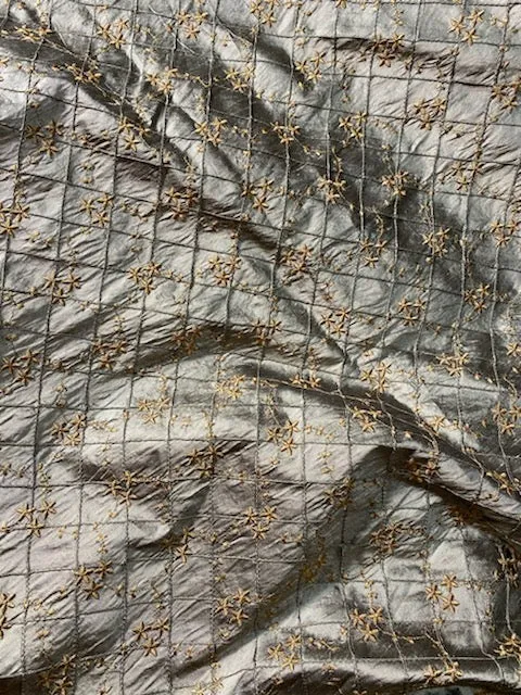 NEW Queen Elisabeth 100% Silk Dupioni Pewter Pintuck Fabric with Gold Floral Embroidery