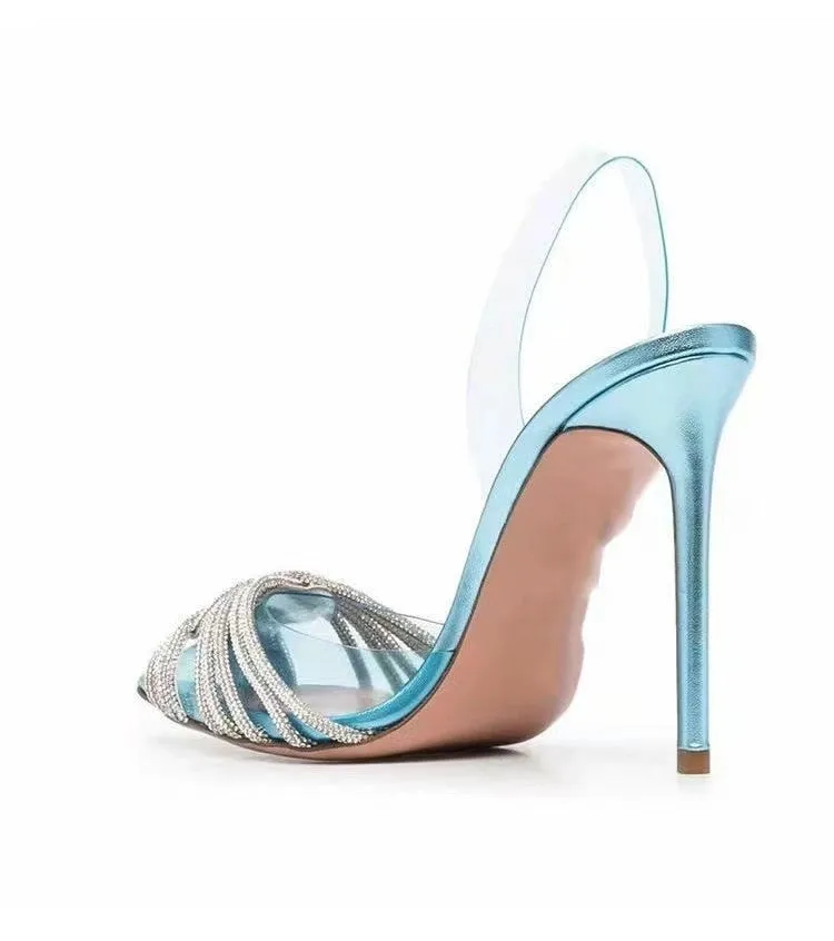 Pointed Toe Crystal Embellished PVC Slingback Heel