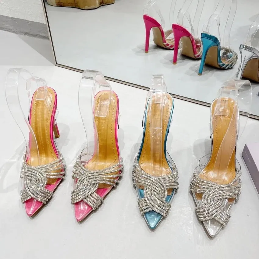 Pointed Toe Crystal Embellished PVC Slingback Heel