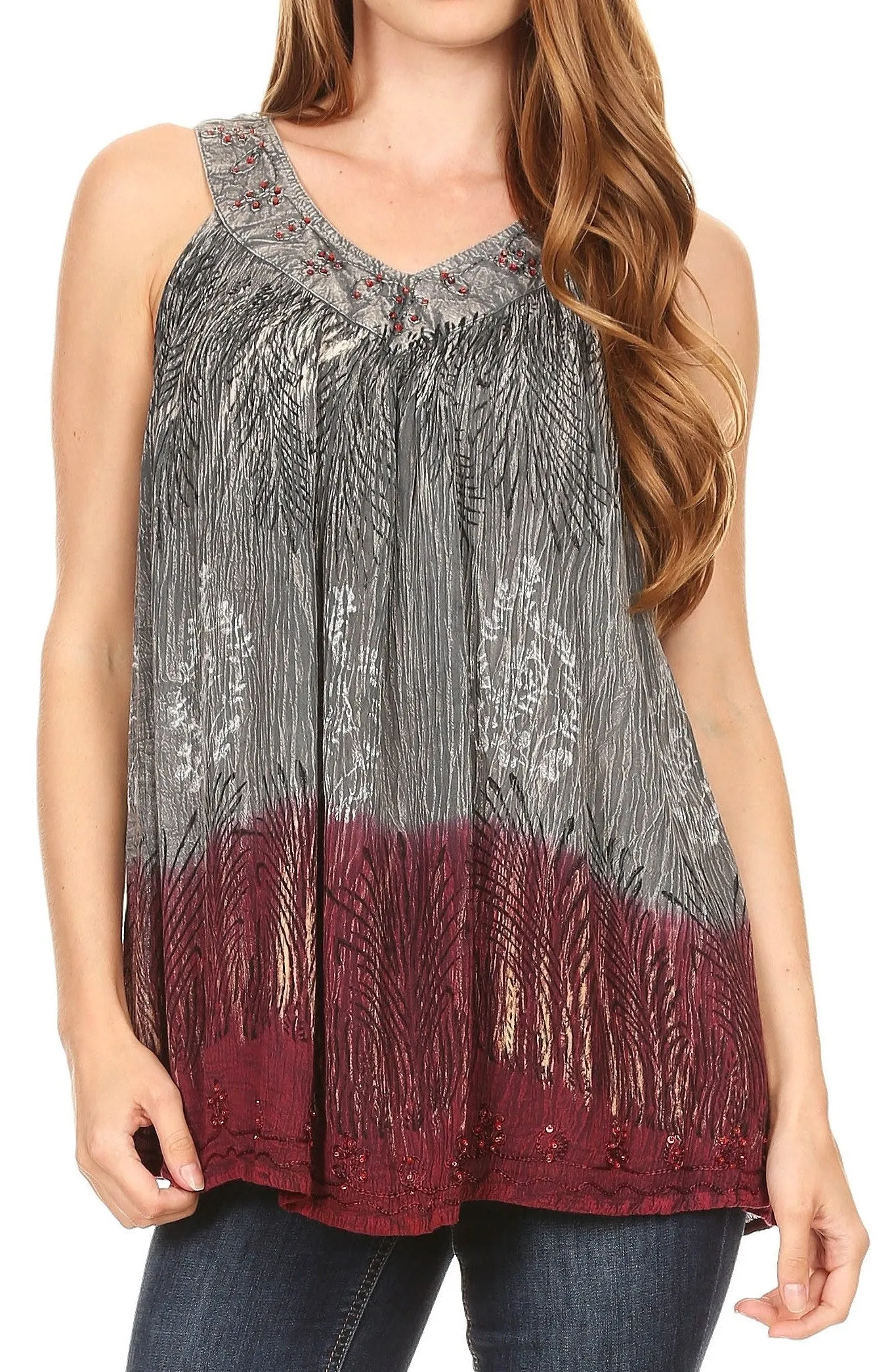 Sakkas Anaya V Neck Stonewash Embellished Crinkled Two Tone SleevelessTank Top