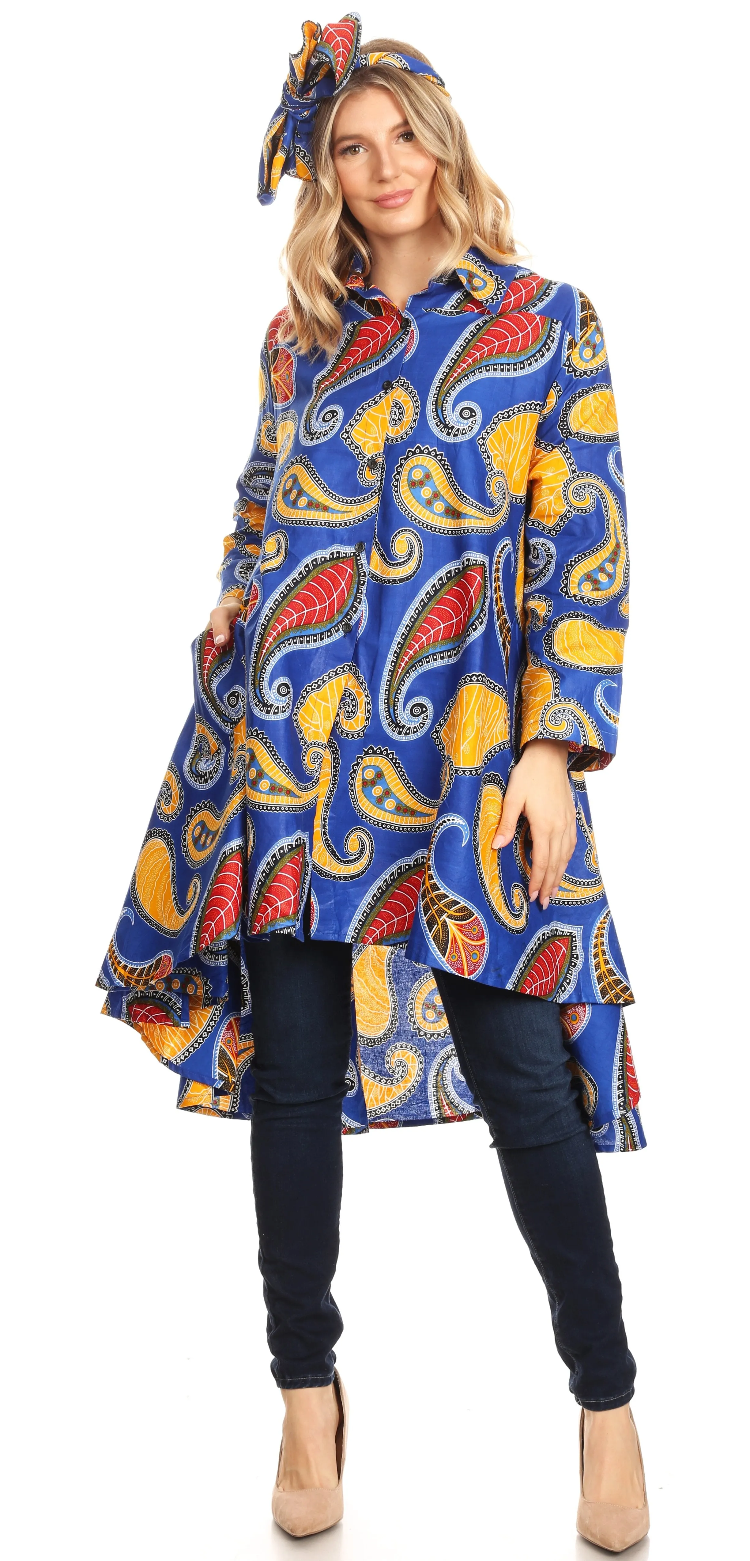 Sakkas Sol Womens Summer Swing Loose Dress African Print Roll up Sleeve Button