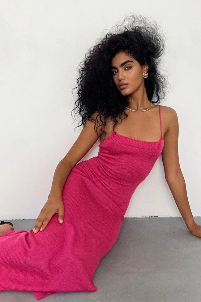 Sexy Rib Knit Scoop Neck Cami Strap Lace Up Backless Knit Slip Midi Dress - Hot Pink