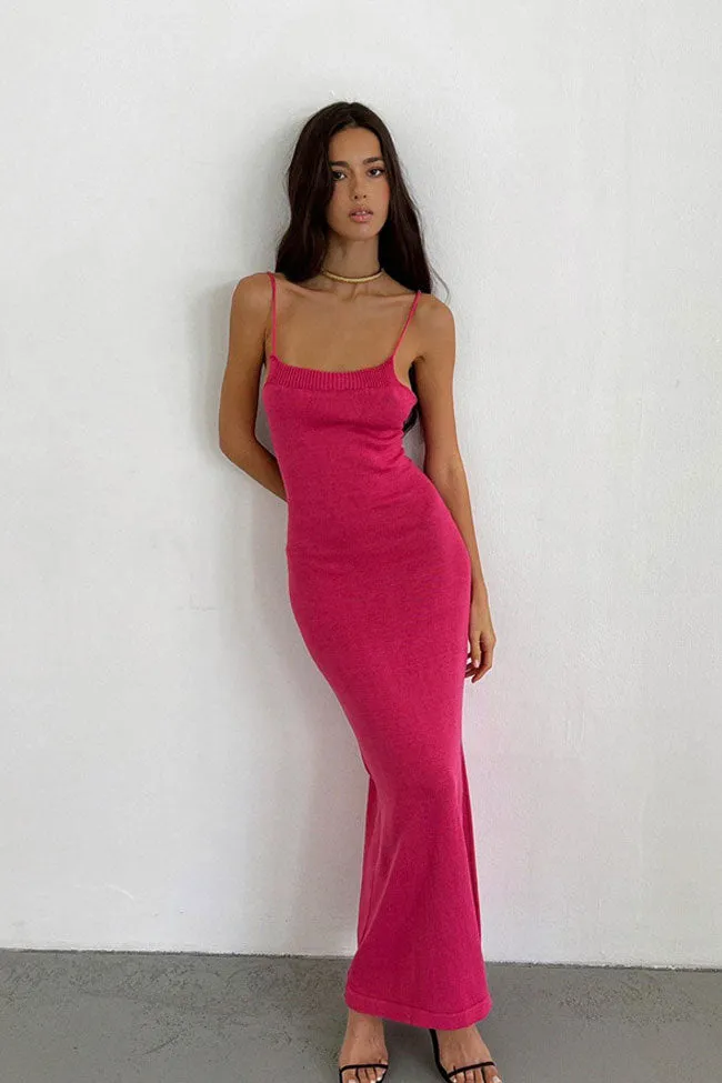 Sexy Rib Knit Scoop Neck Cami Strap Lace Up Backless Knit Slip Midi Dress - Hot Pink