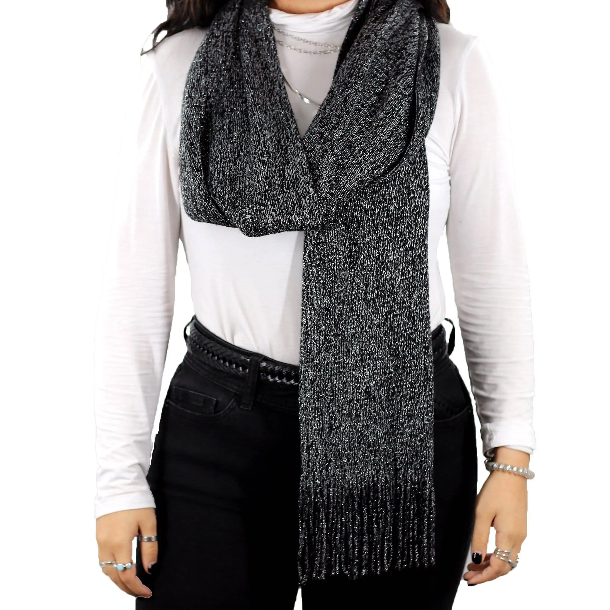 Solid Lurex Knit Scarf With Fringe-Black