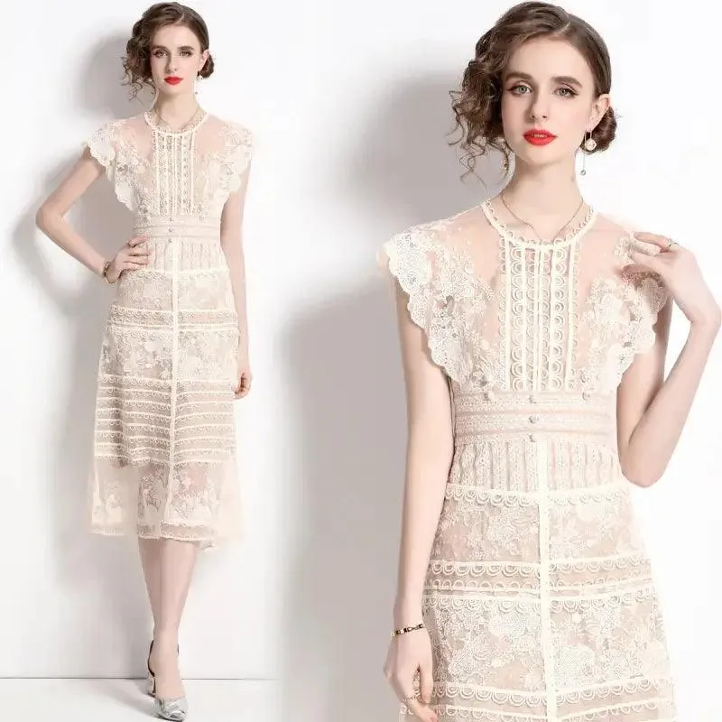 Summer Women Lace Dress Embroidery Flower Sheath Bodycon Midi Long Prom Party Dresses Female Beige Runway Vestidos