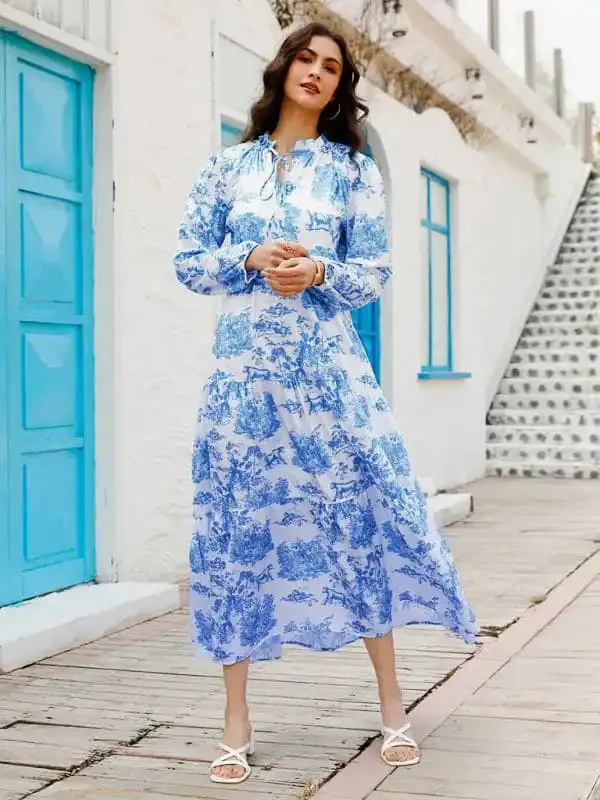 Women’s Fashion Print Ruffle Neck Long Sleeve Resort Dress