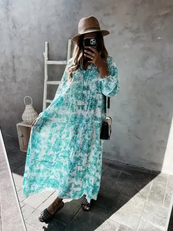 Women’s Fashion Print Ruffle Neck Long Sleeve Resort Dress