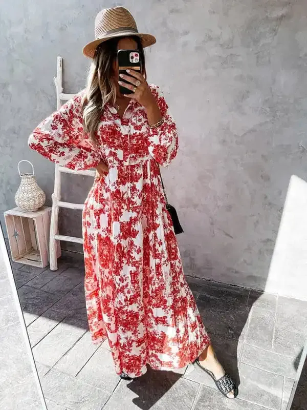 Women’s Fashion Print Ruffle Neck Long Sleeve Resort Dress